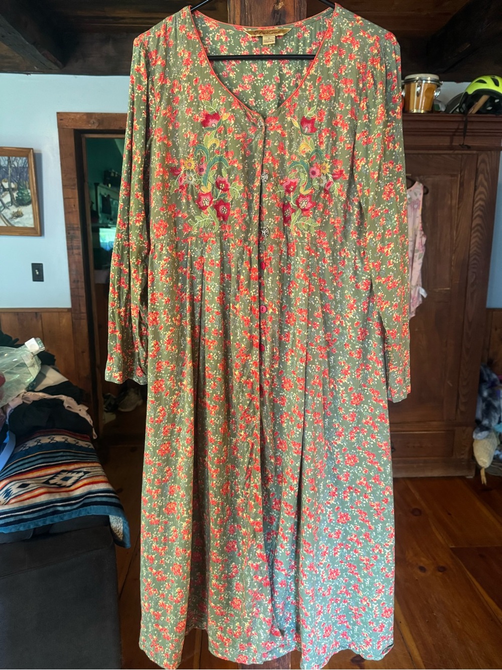 April Cornell Olive Green Maxi Dress with Red Floral Embroidery
